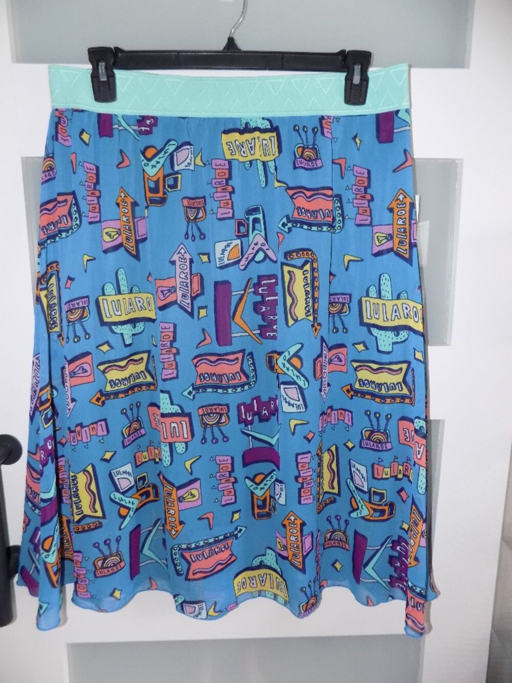 LULAROE LOLA BLUE W/ LULAROE NAME PRINT LINED CHIFFON SKIRT SIZE 2XL WOMEN'S NEW